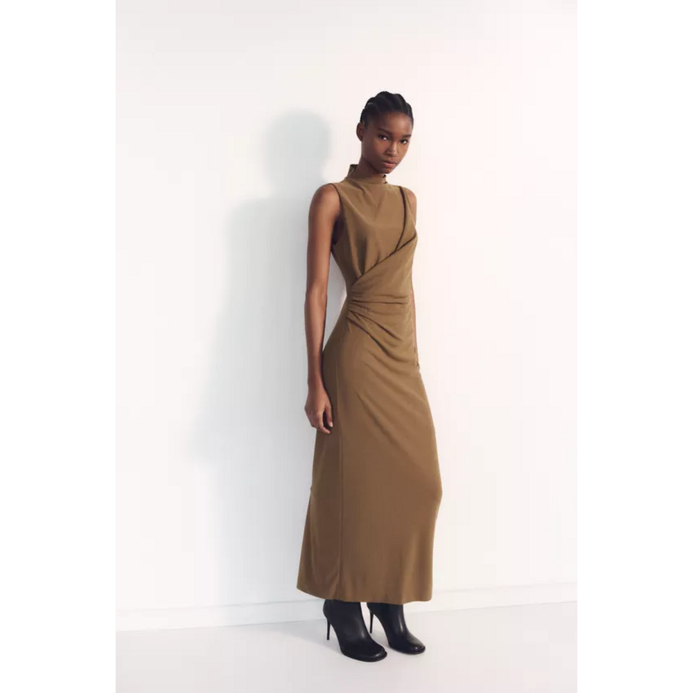 ZARA DRAPED MIDI DRESS - Tobacco in Brown